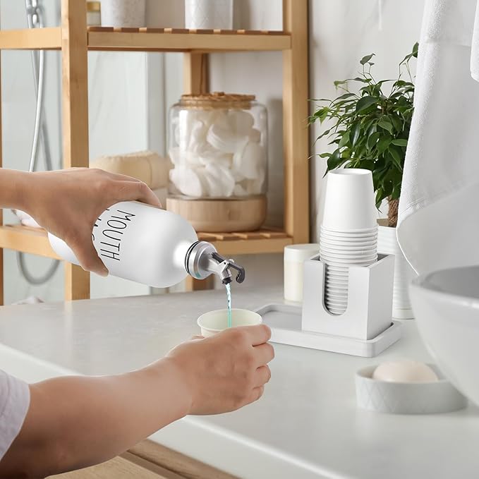 Glass Mouthwash Dispenser for Bathroom, 16 OZ Mouthwash Dispenser with Pour Spout and Wood Cup Holder and Tray, Mouth Wash Bottle Container, Farmhouse Kitchen Bathroom Decor and Accessories, White