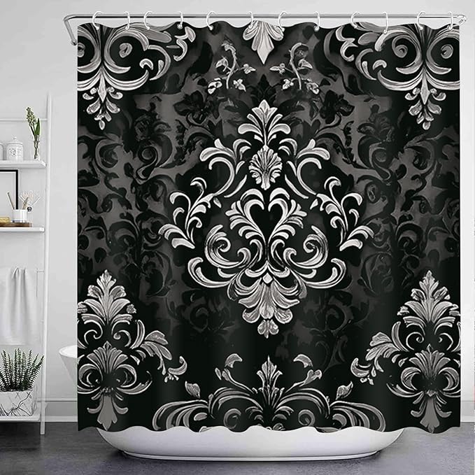 NBVKO 4Pcs Luxury Damascus White Flower Pattern Shower Curtain Set with 12 Hooks Non-Slip Rugs,Toilet Lid Cover and Bath Mat,Dark Gold Bathroom Decor for Hotel & Home Bathroom