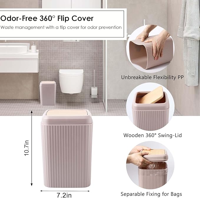 Beige Bathroom Accessories Set, 10 Pieces Bamboo Bathroom Set with Trash Can, Tray, Soap Dispenser, Soap Dish, Toothbrush Holder, Toothbrush Cup, Tissue Holder, Toilet Brush and Qtip Holders