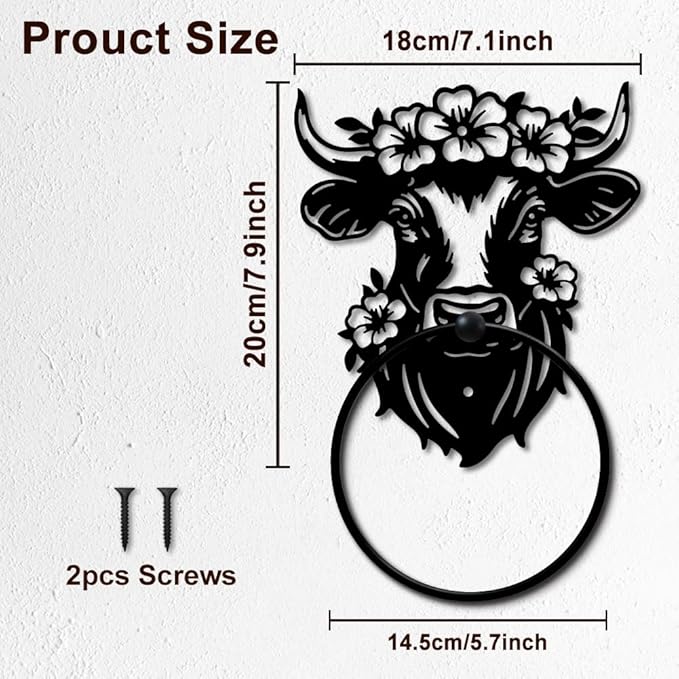 MAYJOYDIY Bull Head Flower Metal Towel Ring Cow Flower Towel Holder Animal Plants Wall Decor Towel Hanger Black Art Towel Rack Wall Mounted for Bathroom Kitchen Home Decors Gift