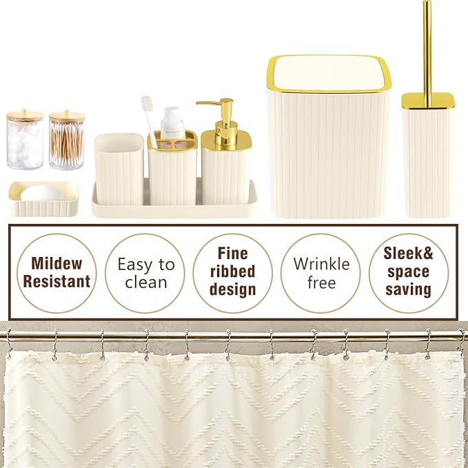 Bathroom Accessories Set-23Pcs Set, Complete Bathroom Decor, Bathroom Set with Shower Curtain & Liner Sets, Trash Can, Soap Dispenser,Modern Bath Essentials (Beige, Bath Set+Shower Curtain Set)