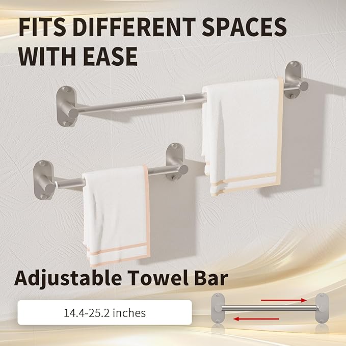 5-Piece Bathroom Hardware Accessories Set, Self-Adhesive & Wall Mounted SUS304 Stainless Steel Towel Bar Set, Adjustable Towel Bar, Towel Ring, Toilet Paper Holder & 2 Hooks(Brushed Nickel)