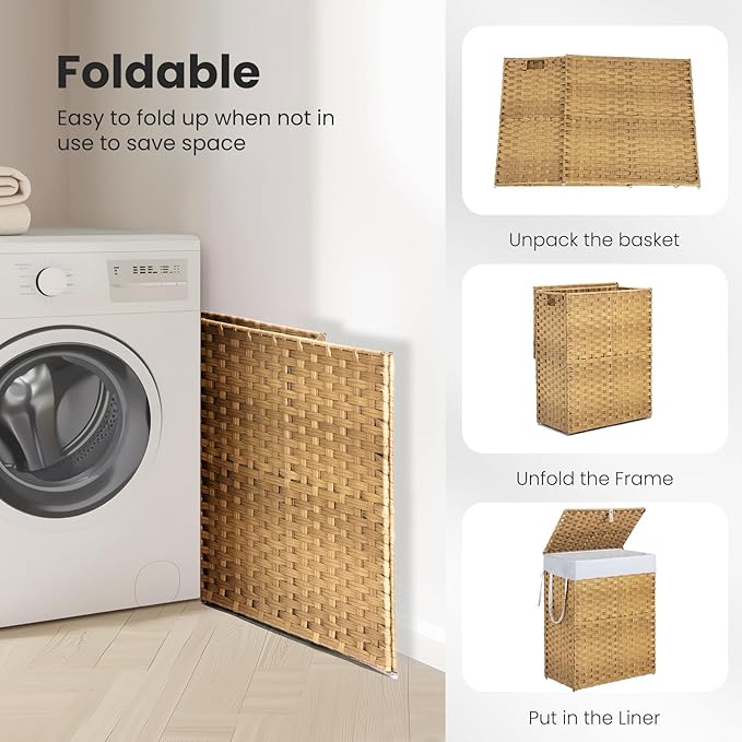 DUMOS Woven Laundry Basket with Lid, Large Capacity Hamper, Removable & Machine-Washable Liner, Foldable Rattan Clothes Hamper, Sturdy Steel Frame, Odor Control, Goose Yellow (24 Gallon)