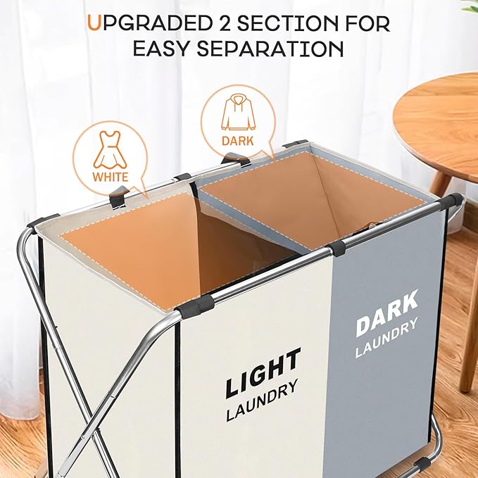 Laundry Cloth Hamper Sorter Basket Bin Foldable 2 Sections with stainless steel Frame Washing Storage Dirty Clothes Bag for Bathroom Bedroom Home Storage Basket (White+gray, 2 Sections)