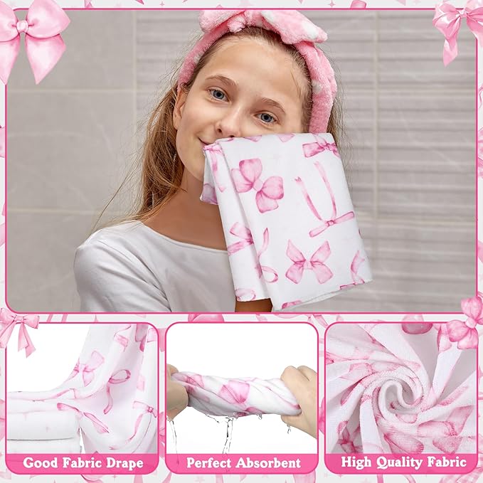 FuWeave 8 Pcs Pink Bow Shower Curtain Sets for Bathroom Decor Cute Coquette Bathroom Accessories Bow Knot Aesthetic Girly Shower Curtain Sets with Towels Carpet Bath Mat Toilet Rugs and 12 Hooks