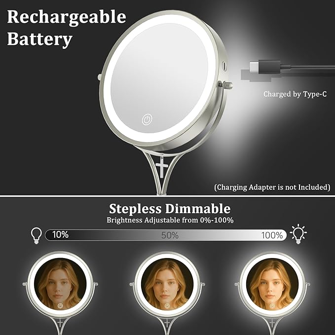 1x/10x Magnifying Mirror with 3 Color Lights and Cross Charm, 7" Lighted Makeup Mirror with Magnification, Height Adjustable Vanity Mirror, Birthday Christian Gifts for Women, Brushed Nickel
