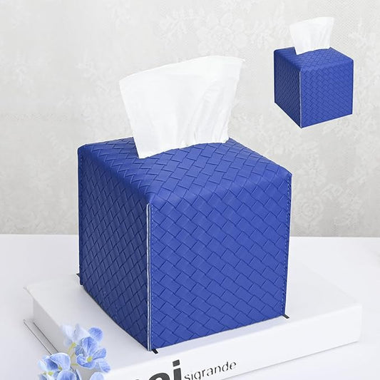 HOMOTEK 2 Pack Tissue Box Cover, Square PU Leather Tissue Holder, Decorative Facial Tissue Cube Paper Organizer Dispenser for Bathroom, Night Stands, Desk, Car 5X5X5'' - Woven Waffle,Blue