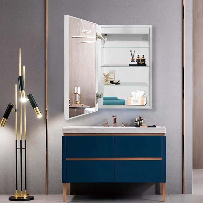 Smart Lighted Medicine Cabinet with Anti-Fog Mirror-16x26 Inch, Dimmable LED, Touch Control, 3 Glass Shelves,Recessed or Surface Mount Bathroom Storage
