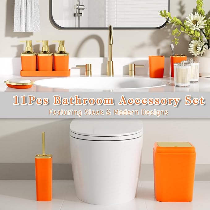 Bathroom Set — Orange Bathroom Accessories Set, 11PC Bathroom Accessory Set, Orange Bathroom Set with Push-lid Trash Can, 3PC Soap Dispensers, Toilet Brush & Qtip Holders