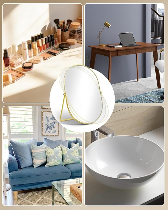 Vanity Desk Table Mirror, Adjustable Rotation Oval Tabletop Standing Makeup Mirror with Metal Framed for Living Room, Bedroom, Bathroom, Gold
