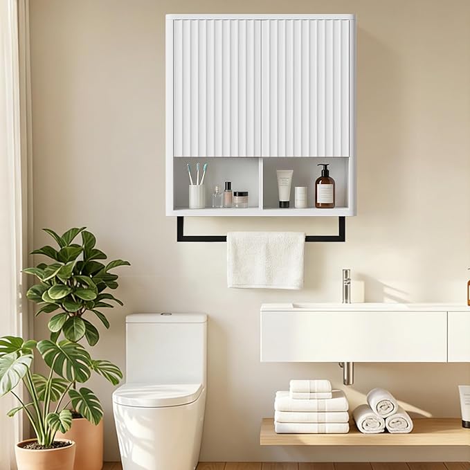 Bathroom Wall Storage Cabinet, Over The Toilet Medicine Cabinet, Hidden Storage & Open Shelves, Small 2-Door Multi-Functional Bathroom Organizer with Towel Bar for Bathroom & Kitchen (White)