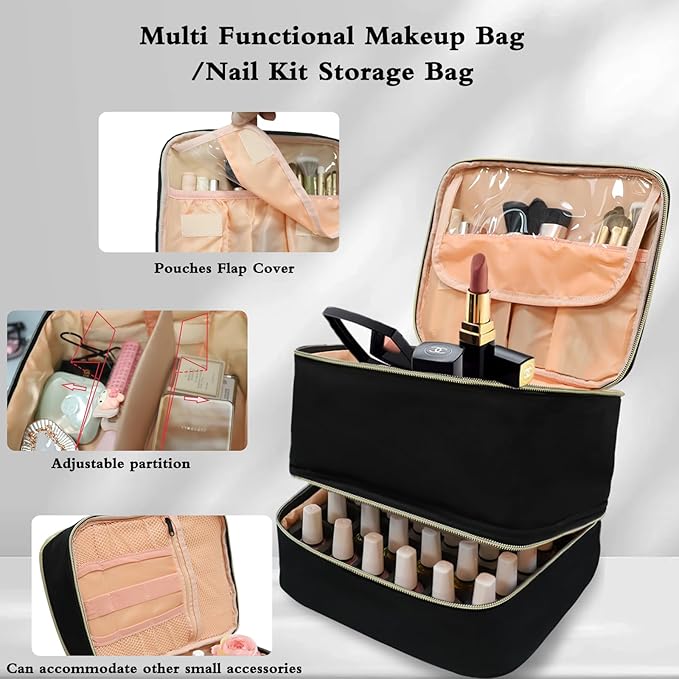Nail Polish Organizer Case Double-Layer Nail Supplies Organizer Bag Holds 30 Bottles & Nail Lamp, Professional Nail Kit Storage Carrying Case (Black)