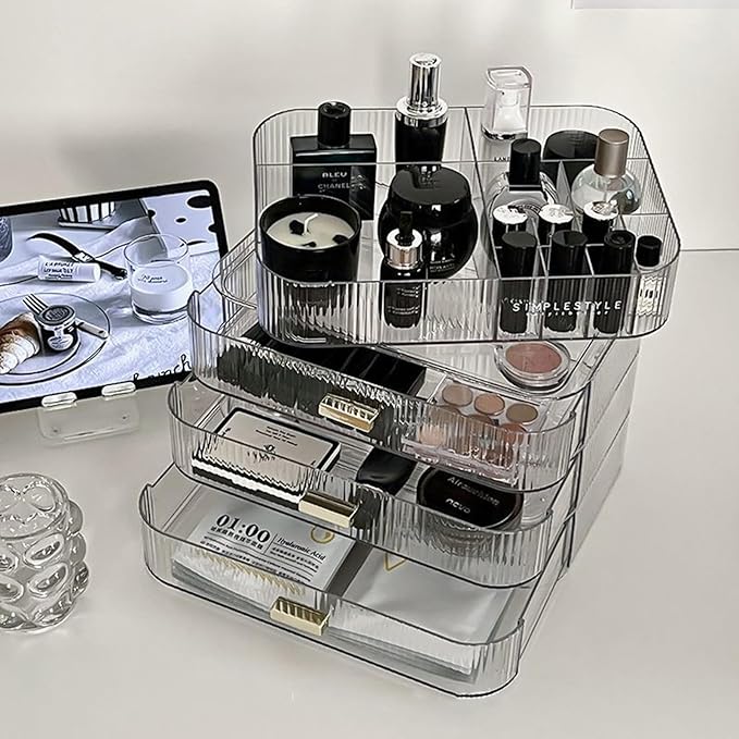 Makeup Organizer with Drawers, Stackable Cosmetics Organizer, Large Make Up Organizer Storage Box, Ideal for Bathroom Countertop and Desk (1 x Tray, Clear)