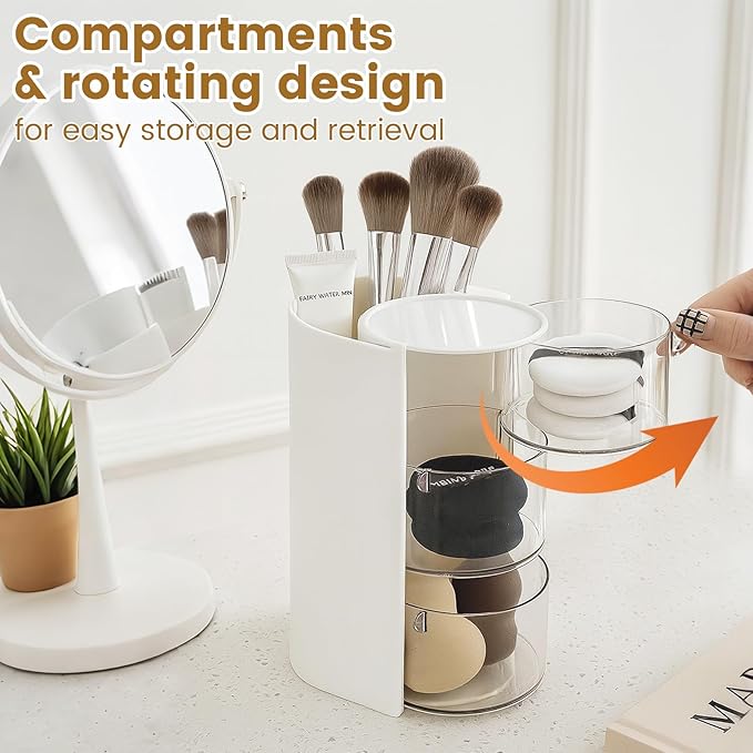 Rotating Makeup Organizer with Brush Holder, DIY 3-Layers Drawer Skincare & Cosmetic Organizers for Vanity Bathroom Countertop, Easy to Store Puff, Lipsticks, Nail Polishes, Perfumes
