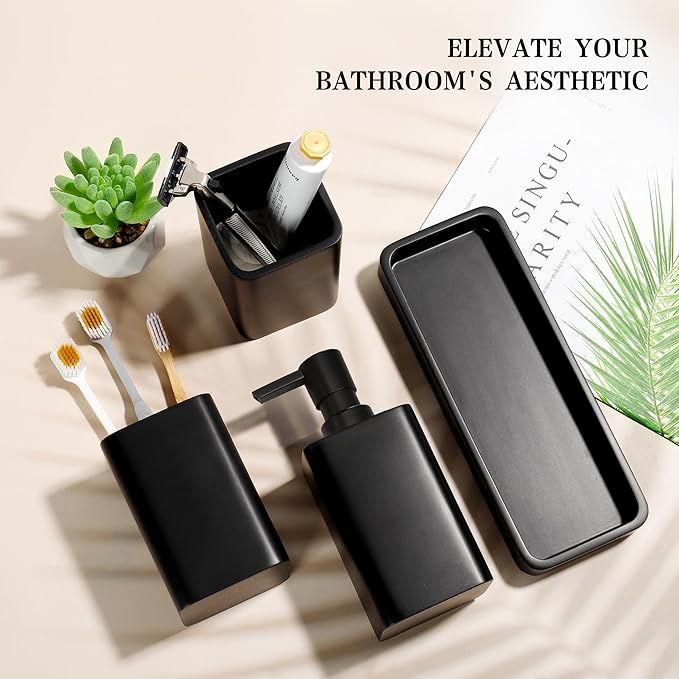 YMXYJM Bathroom Accessories Set, 4 Pcs Bathroom Accessory Set, Soap Dispenser, Toothbrush Holder, Qtip Holder Set, Bathroom Sets Complete, Bathroom Sink Set for Modern Home,Matte Black
