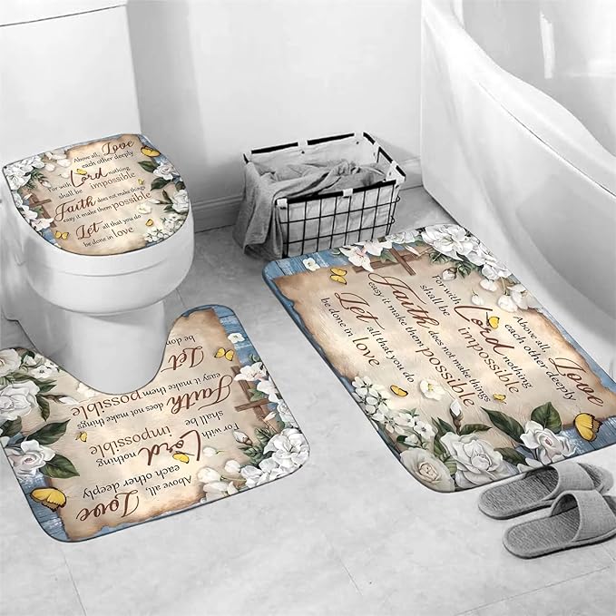 AZHM White Camellia Flower Shower Curtain Sets Inspirational Quotes with Yellow Butterfly Bathroom Decor Accessories Set with Rugs and 12 Hooks