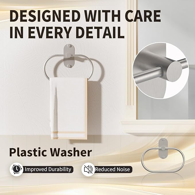 5-Piece Bathroom Hardware Accessories Set, Self-Adhesive & Wall Mounted SUS304 Stainless Steel Towel Bar Set, Adjustable Towel Bar, Towel Ring, Toilet Paper Holder & 2 Hooks(Brushed Nickel)