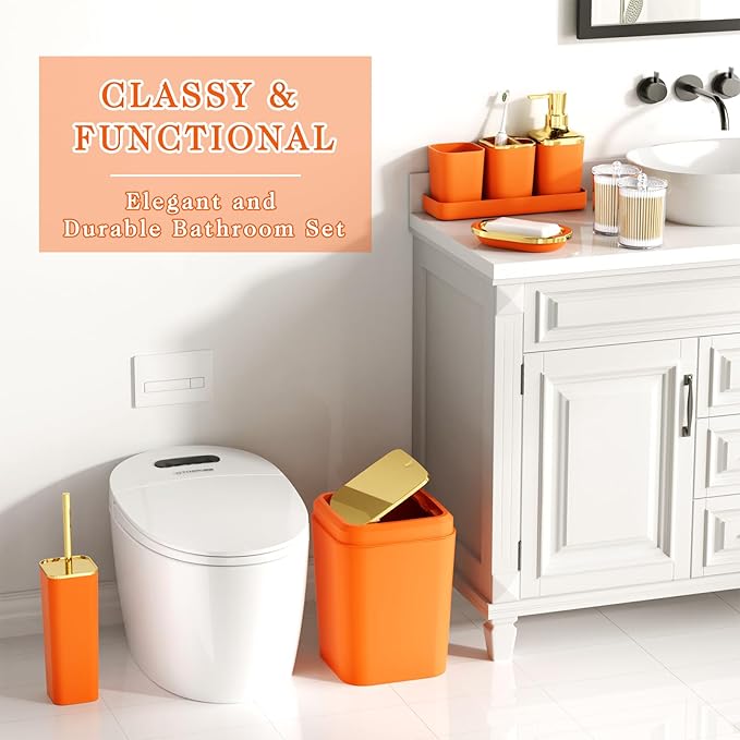 XLHOMO Bathroom Accessories Set - Luxury Orange Bathroom Set, 9 Pieces Bathroom Accessory Set, Orange Bathroom Accessories with Trash Can, Toilet Brush & Soap Dispenser