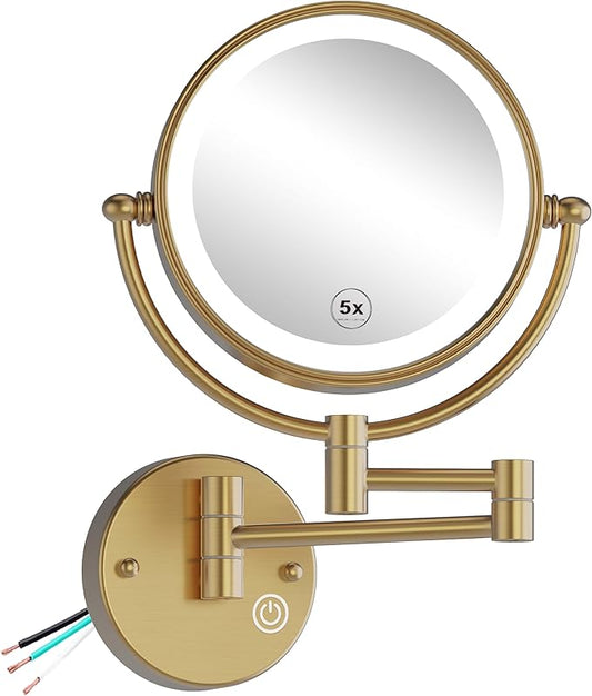 Upgraded Wall Mounted Makeup Mirror with Lights, 8" Double Sided 1/5X Magnifying Vanity Mirror for Bathroom, 3 Color 1800Lux Ultra-Bright, Touch Dimmable, Hardwired, Brushed Moderne Brass