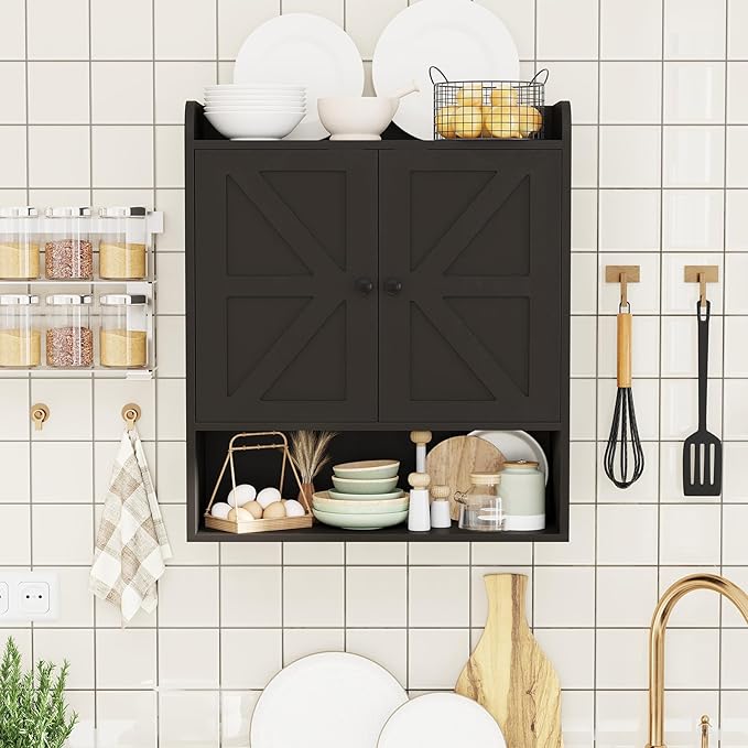 EasyCom 22" W x 26" H Bathroom Wall Cabinet, Farmhouse Medicine Cabinet with Adjustable Shelves and 2 Barn Doors, Over The Toilet Storage Cabinet for Bathroom, Kitchen, Living Room, Black