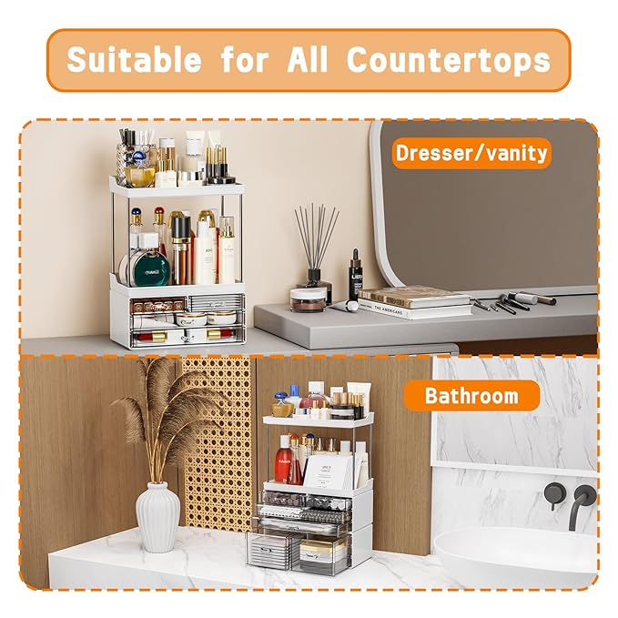 Yieach Bathroom Counter Organizers and Storage,White Acrylic Makeup Organizers with Drawers for Vanity,Bedroom,Plastic Skincare Organizer for Dresser Top Beauty,Cosmetic,Lotion and Perfume Organizer