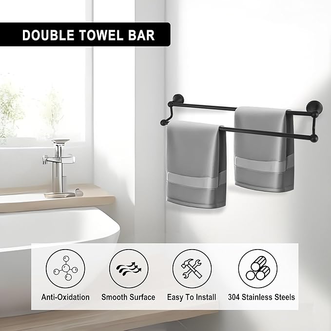 #304 Stainless Steel Double Towel Bar,Optional Different Length Installation (Matt Black - 24 inches, Double Towel bar)