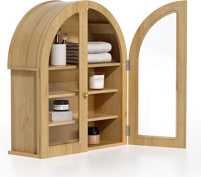 EYYTHUNG Modern Arched Wall Cabinet, Large Bathroom Medicine Wall Mounted Cupboard, Farmhouse Floating Storage Cabinet with Acrylic Door Adjustable Shelf, Wood Organizer (Natural Oak)
