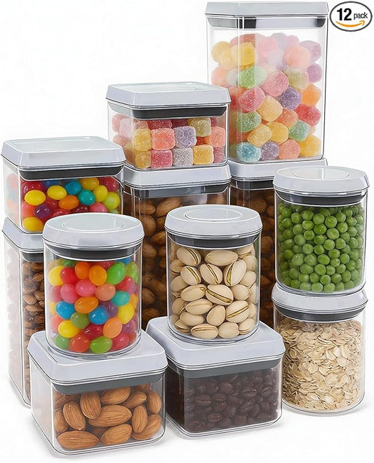 12 Pcs Pop Containers Set, Airtight Food Storage with Lids, Push Button BPA-Free Bulk Set for Large Family & RV, 0.65QT/0.7QT/1.8QT/2.4QT for Cereal, Flour, Sugar, Commercial Kitchen Storage