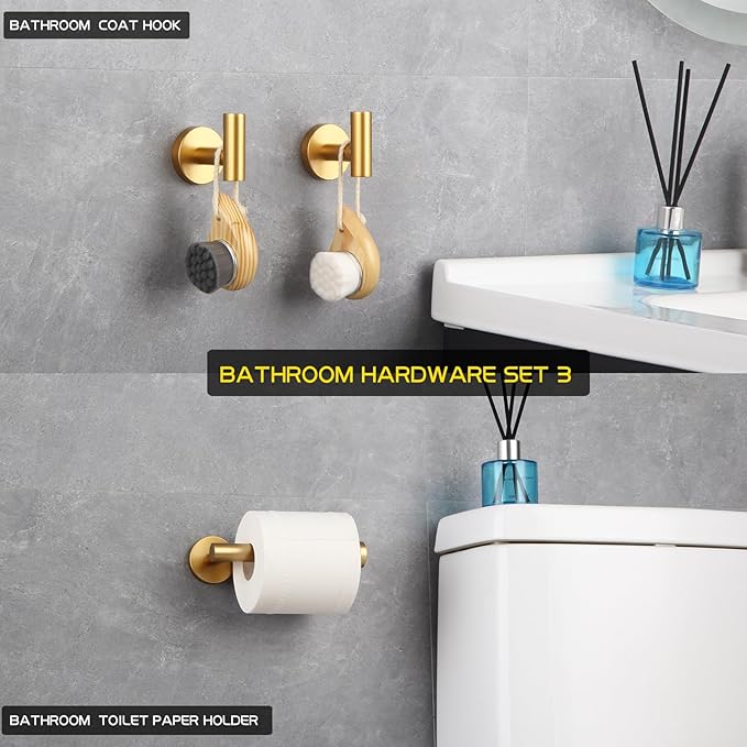 GERZWY Bathroom 3-Piece Accessories Hardware Set Gold Stainless Steel - 2X Coat Hook Toilet Paper Holder AG1401B-BE