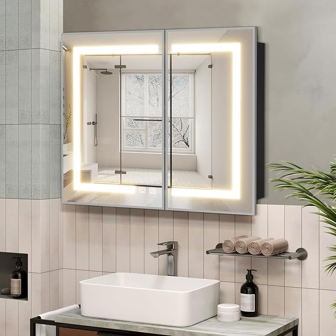 ROOMTEC Lighted Medicine Cabinet with Mirror 36"x30", Wall Mounted Bathroom Mirror with Storage, 2 Doors Bathroom Wall Cabinet with LED Lights, Sliver