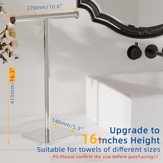 RUACQ Hand Towel Stand, 16" T-Shape Hand Towel Holder Stand for Bathroom, Kitchen and Countertop Towel Holder 304 Stainless Steel Hand Towel Rack with Weighted Base (Chrome)