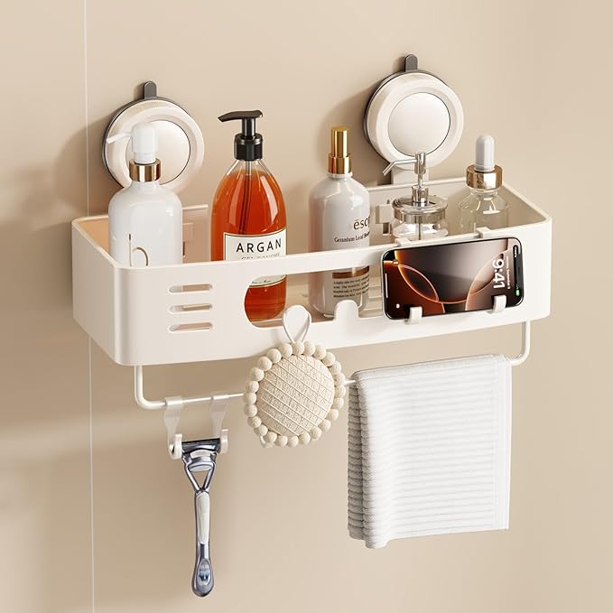 Voldra Shower Caddy Suction Cup, Shower Shelves for Inside Shower No Drilling, Aluminum Suction Showers Organizer for Wall with Towel Bar & Hooks Removable Bathroom Storage Rack(1 Pack-White)