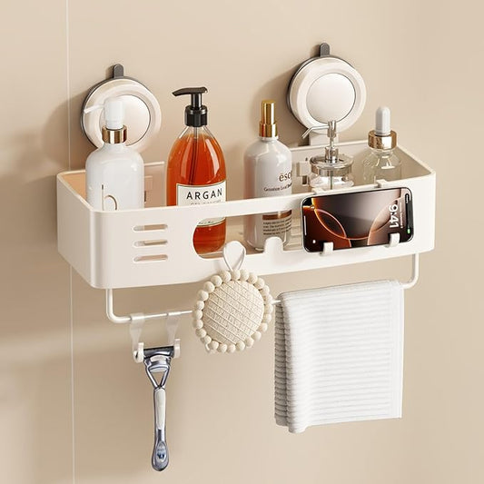 Voldra Shower Caddy Suction Cup, Shower Shelves for Inside Shower No Drilling, Aluminum Suction Showers Organizer for Wall with Towel Bar & Hooks Removable Bathroom Storage Rack(1 Pack-White)