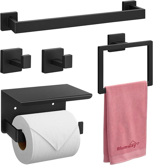 BlumWay 5-Pieces Matte Black Bathroom Accessories Set, 16 Inch Bathroom Hardware Set, SUS304 Stainless Steel, Toilet Paper Holder,Towel Racks for Bathroom Wall Mounted