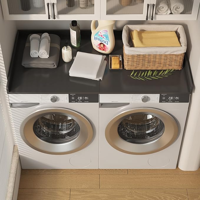 54"×27.5"×2" Foldable Washer Dryer Countertop, Solid Wood Laundry Storage Shelf, Heavy-Duty Folding Table for Washing Machine Organization(Black)