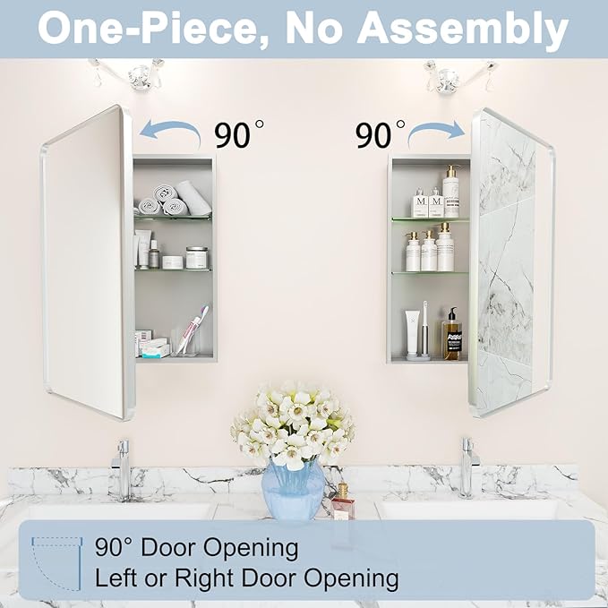 16x24 Inch Medicine Cabinet with Mirror for Bathroom, Silver Aluminum Bathroom Medicine Cabinet, Recessed or Wall Mount Medicine Chest Over Sink, Modern Farmhouse Style, Fully Assembled