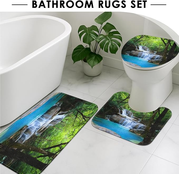 Britimes 4 Piece Shower Curtain Sets, Scenery Waterfall with Non-Slip Rugs, Toilet Lid Cover and Bath Mat, for Bathroom Decor Set, 72" x 72"