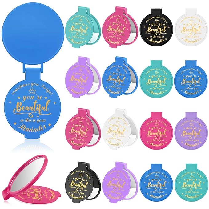 18 Pcs 2.76 Inch Inspirational Compact Mirror Bulk Galentines Women Small Gifts Valentine's Day Party Favors Purse Mirror Pocket Mini Stuffer Items for Adult Coworker Employee (Classic Colors)