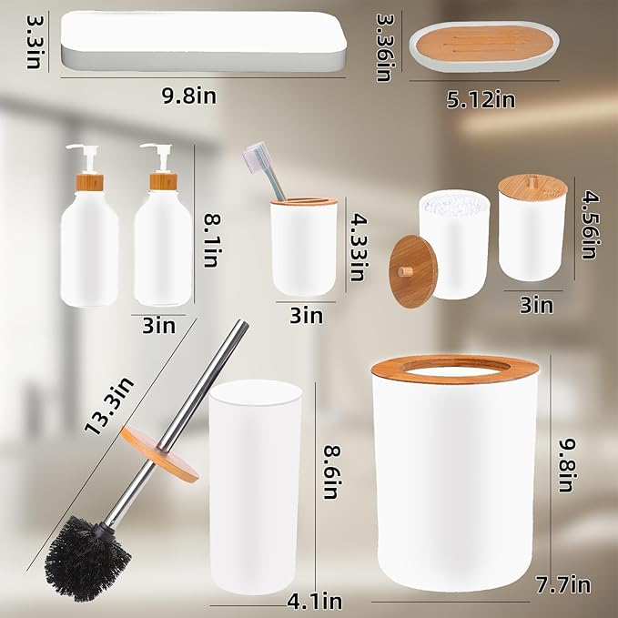 Matte White Bathroom Accessories Set 9PCS,Bamboo Bathroom Accessories Sets Complete with Trash Can,Soap Dispenser and Toothbrush Holder Set,Toilet Brush,Qtip Holder,Vanity Tray,Soap Dish