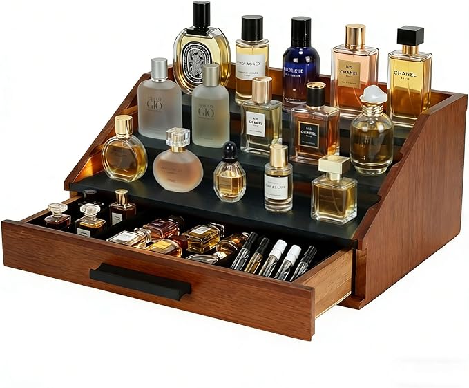 Cologne Organizer for Men - 3-Tier Wooden Perfume Shelf Stand with Drawer, Perfume Display & Storage Tray for Dresser, Black & Brown, 11"x4.7"x7.9"