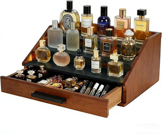 Cologne Organizer for Men - 3-Tier Wooden Perfume Shelf Stand with Drawer, Perfume Display & Storage Tray for Dresser, Black & Brown, 11"x4.7"x7.9"
