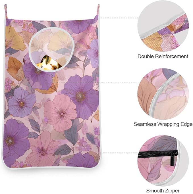 Hanging Laundry Hamper Bag Over the Door Laundry Hamper Wall Hamper Large Dirty Clothes Hamper with Stainless Steel Hooks 29.5X20inch 1PCs Purple Floral Spring
