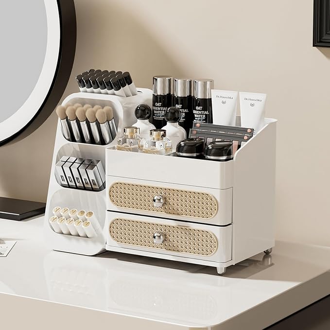 Booklov Makeup Organizer for Vanity, Large Capacity Cosmetic Display Case with Drawers, Countertop Beauty Storage Holder for Skincare, Brush Eyeliner Perfume Eyeshadow Lipsticks, Counter Desk, White