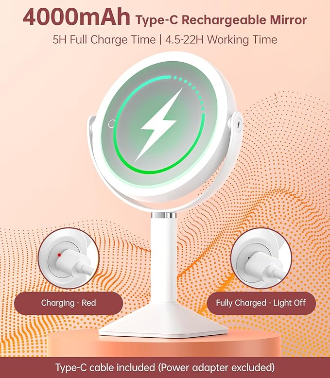 Benbilry 20X Magnifying Mirror with Light, Rechargeable 4000mAh Lighted Makeup Mirror with Magnification, Adjustable Height, 3 Color Modes, 2-Sides Vanity Mirrors for Desk Bathroom Bedroom, White
