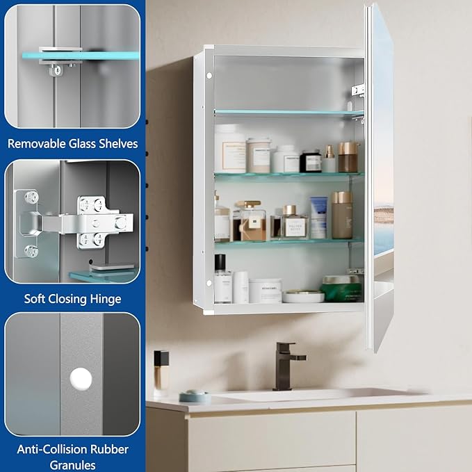 16"x26" Aluminum Medicine Cabinet, Bathroom Cabinet with Mirror,Firm and Durable, Waterproof and Rust-Proof, Recessed or Surface Mount,Assembly Required