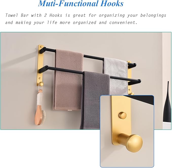 Double Towel Rack with Hooks, 24 Inch Stainless Steel Towel Bar - Wall Mounted Towel Holder for Bathroom, Black & Gold