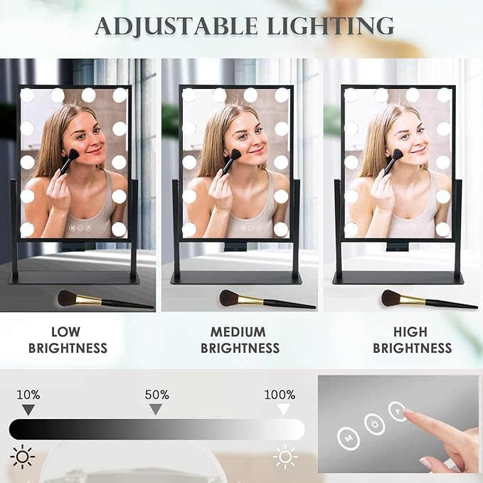 BWLLNI Vanity Mirror with Lights, Lighted Makeup Mirror, Hollywood Mirror with Phone Holder, 12 Dimmable LED Bulbs, 3 Color Lighting Modes, Detachable 10X Magnification, 360°Rotation(Black)