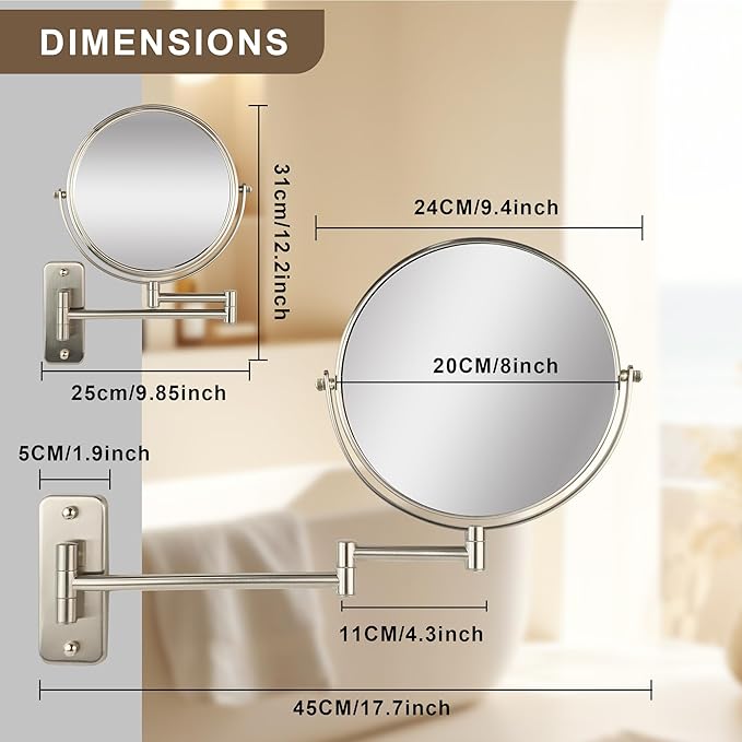 JANEEVA 8" Wall Mounted Makeup Mirror, 10X Magnifying Mirror with 360 Extendable Arm - Double Sided Vanity Mirror for Bathroom (Brushed Nickel)