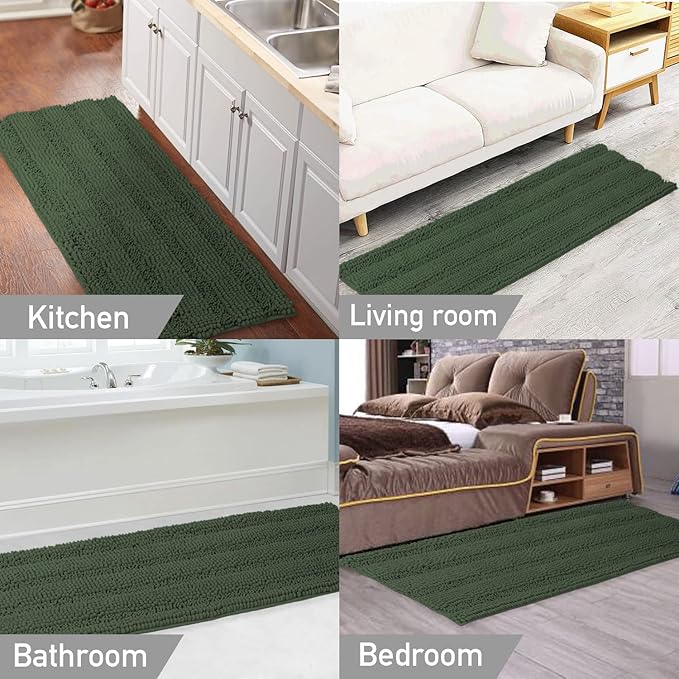 Turquoize Chenille Extra Long Shaggy Kitchen Rugs and Mats Non Slip Absorbent Bath Mat Runner for Kitchen/Living Room, 47" X 17", Bronze Green