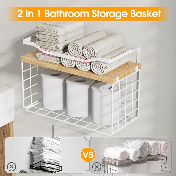 Towel Racks for Bathroom,Towel Rack Wall Mounted, 6 Tier Rolled Or Folded Towel Holder with Floating Shelves, Bathroom Towel Holder for Bath, Hand Towels,White,Walnut Wood Panel